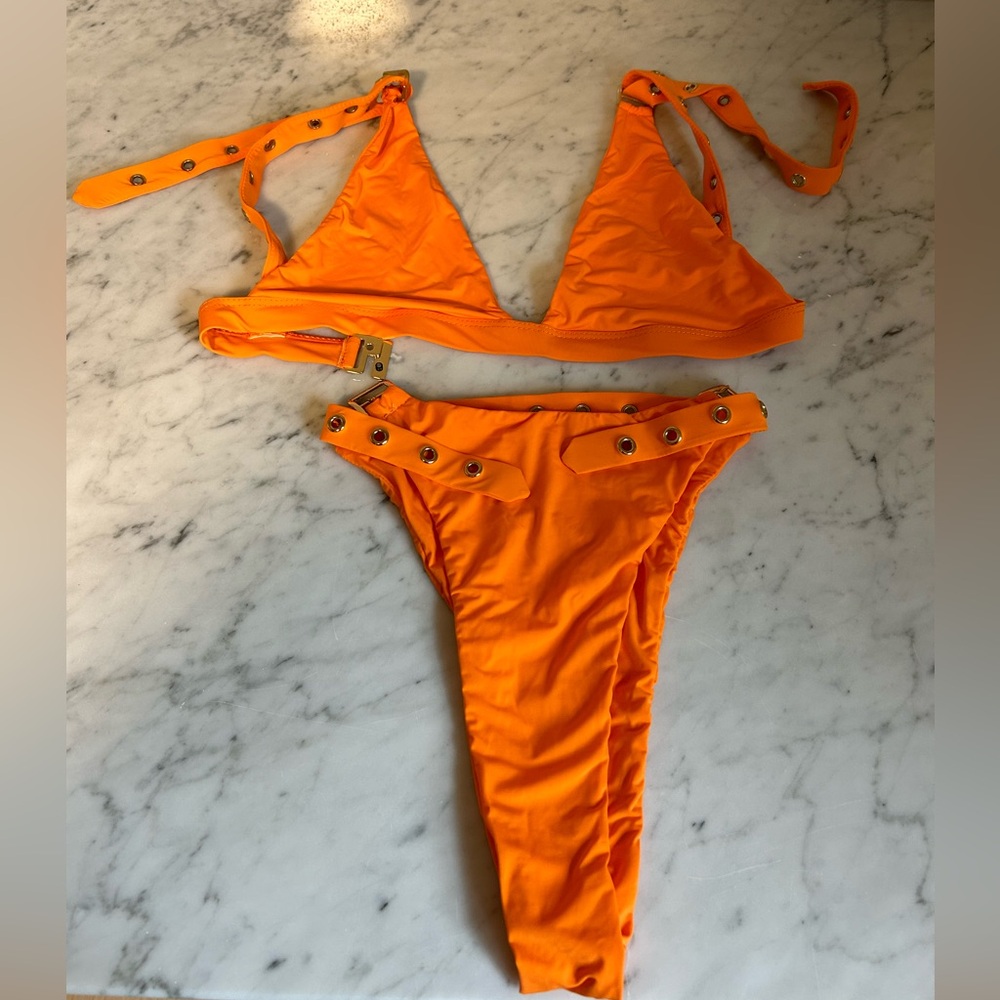 Meshki High Waist Orange Bikini with Buckle Accents